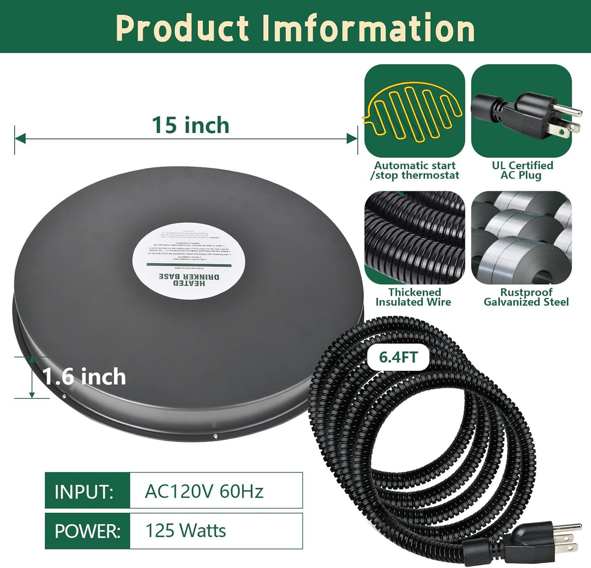 15IN 125W Heated Chicken Waterer Base with Thermostat T154988