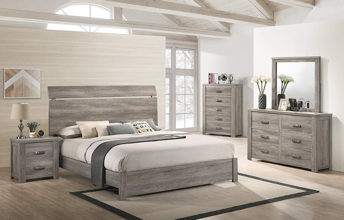 Weathered Gray Wood Queen Panel Bed, Dresser, Mirror, Nightstand, Chest L56132