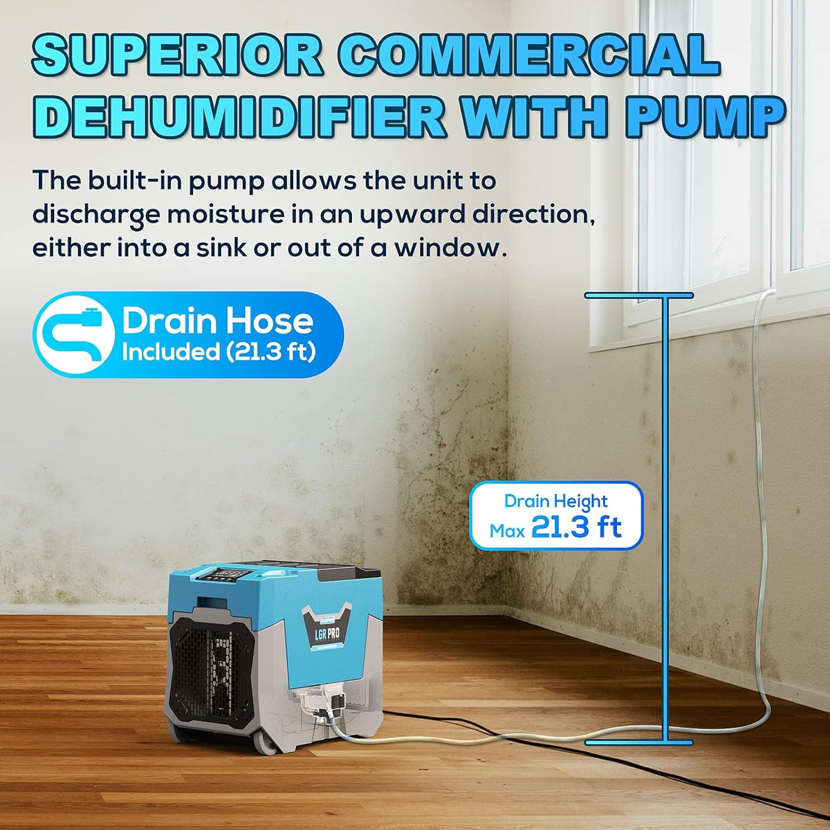 Commercial Dehumidifier with Pump & Drain Hose, Up to 13.39 Gallons/Day P498