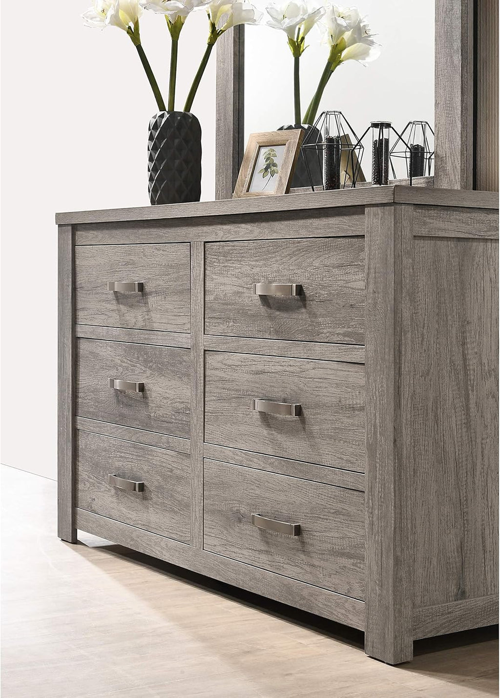 Weathered Gray Wood Queen Panel Bed, Dresser, Mirror, Nightstand, Chest L56132