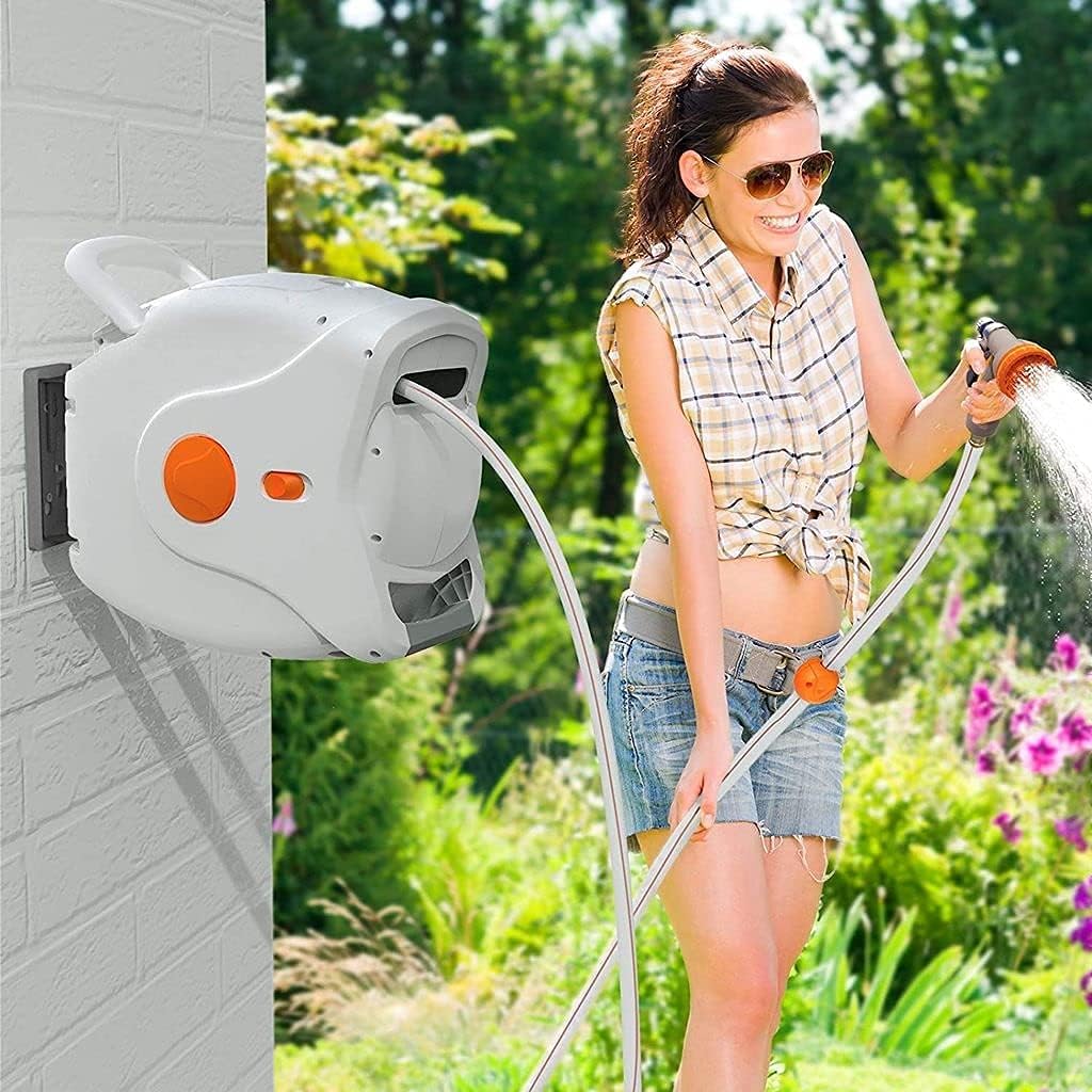 100 FT 1/2 Automatic Rewind Wall Mounted Hose Reel with 8 Patterns Hose Nozzles D60281