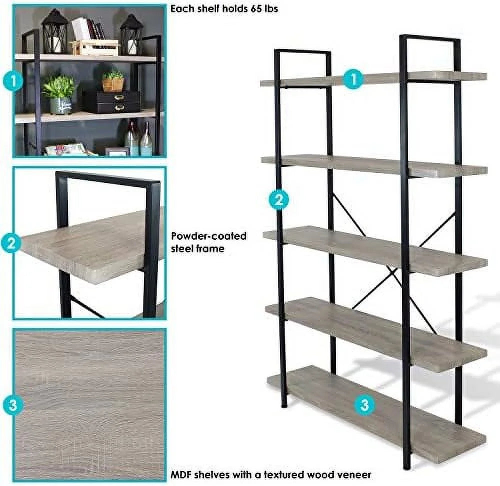 5-Tier Industrial Style Bookshelf with Open Shelves M90332