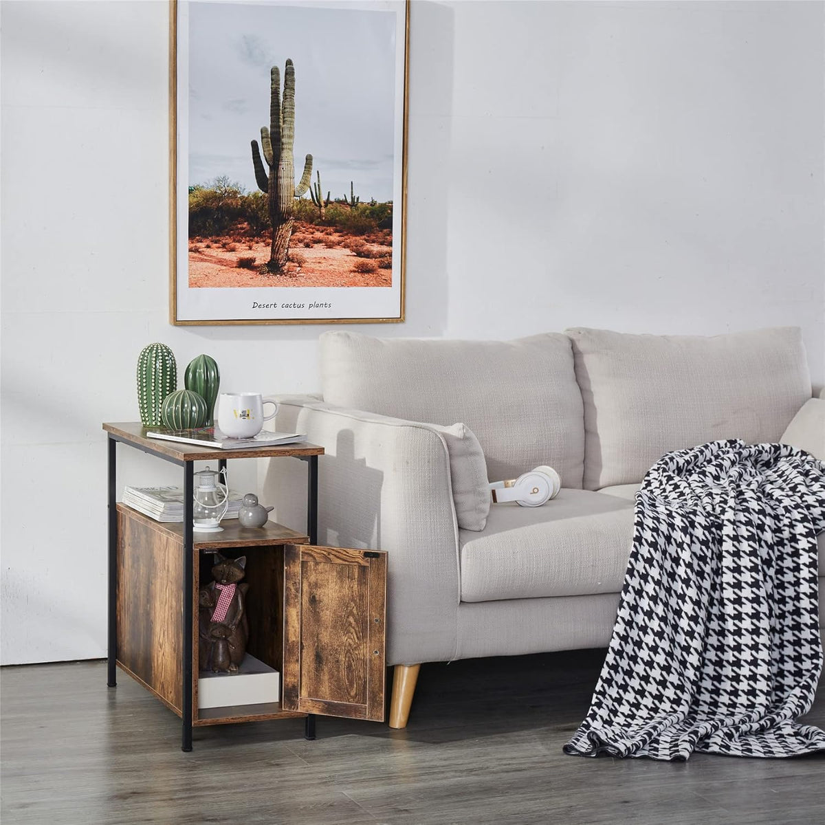 Rustic Brown Wooden End Table with Shelf and Storage Cabinet D656548