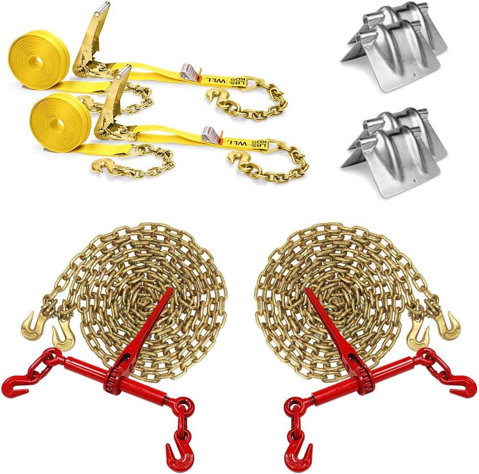 Flatbed Tie Down Kit 10 Pieces 5/16 Inch Grade 70 Chain Ratchet Binders Corner Protectors Ratchet Straps A811