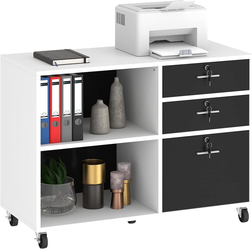 Grey 3 Drawer Mobile Lateral Filing Cabinet with 2 Open Shelves B59808