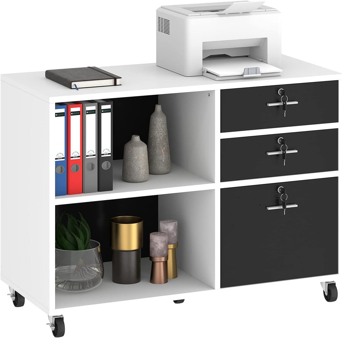 Grey 3 Drawer Mobile Lateral Filing Cabinet with 2 Open Shelves B59808