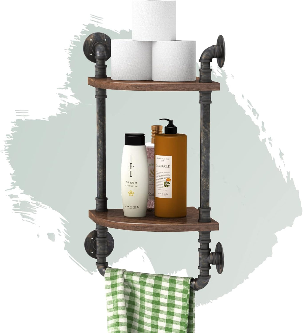Industrial Pipe Corner Shelves, Rustic Wall Mount 2-Tiers Towel Racks with Towel Bar, Metal Bookcase, Real Wood Storage Shelving L903872