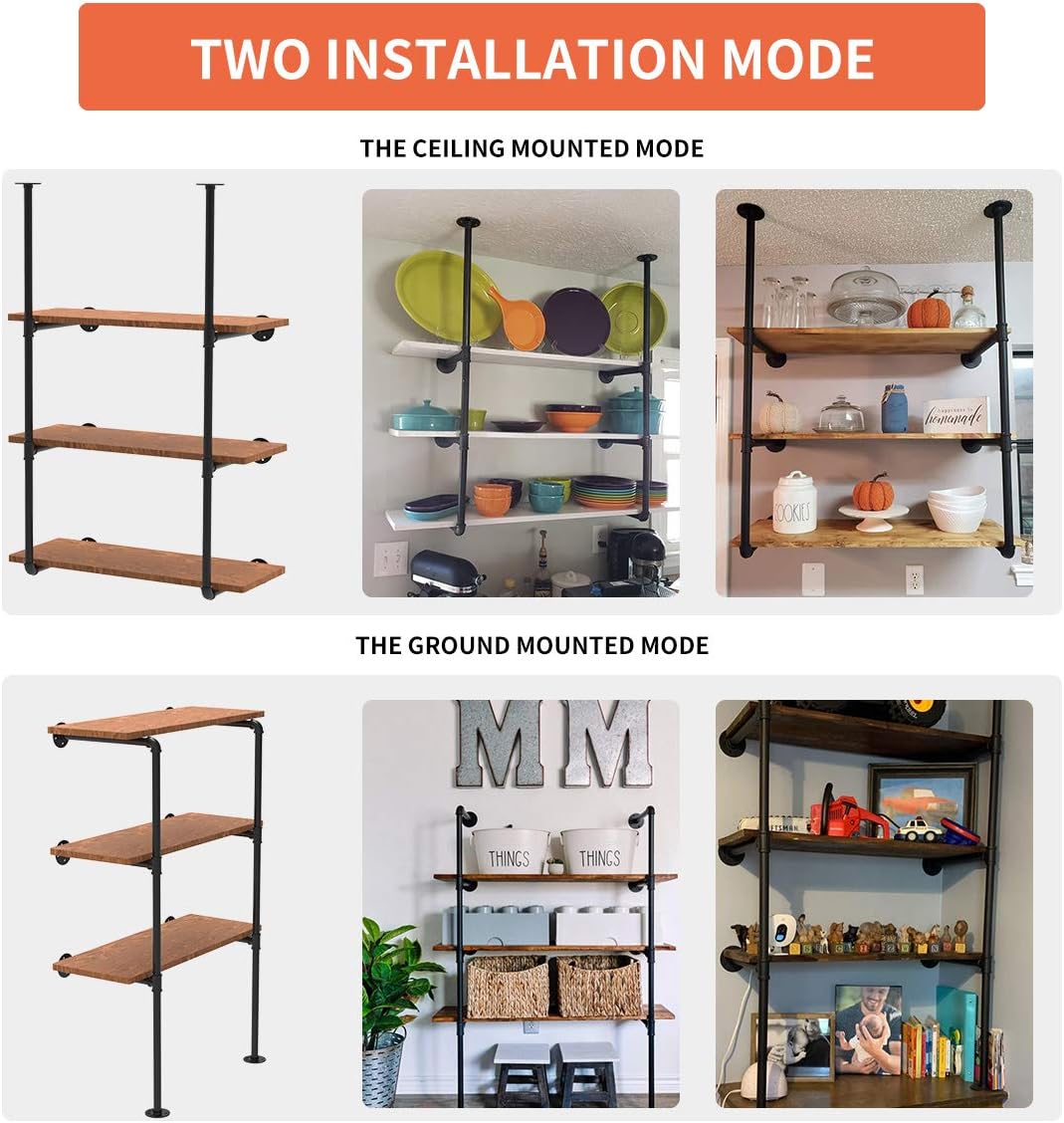 Industrial Wall Mount Iron Pipe Shelving 5 Tier Black A4234