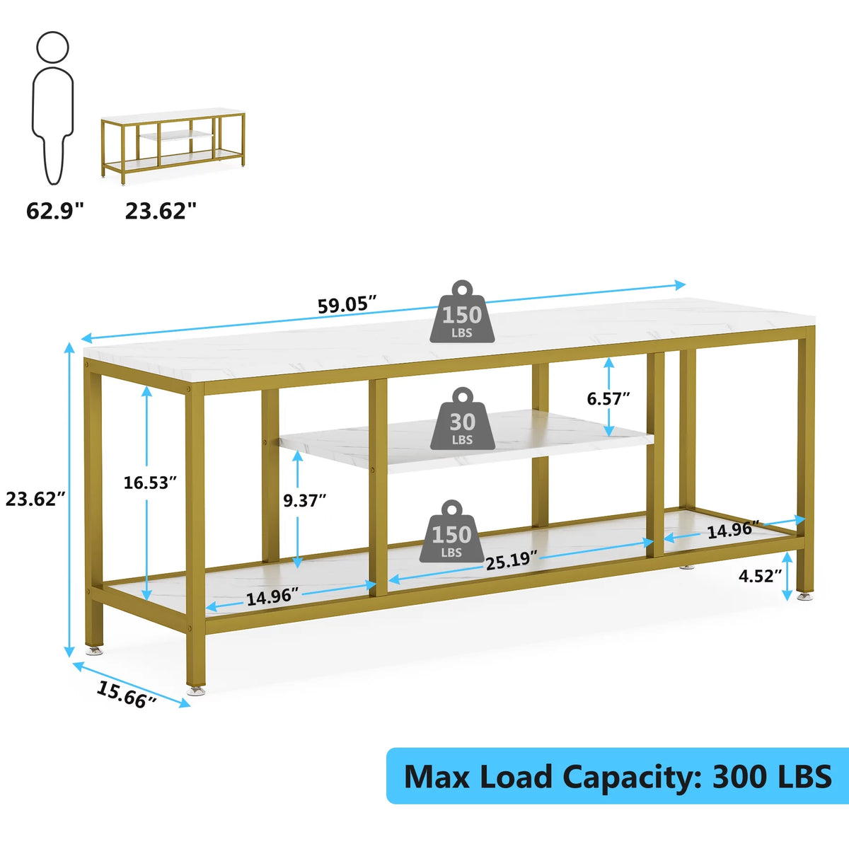 59" 3 Tier TV Stand with Open Storage Shelves I53382