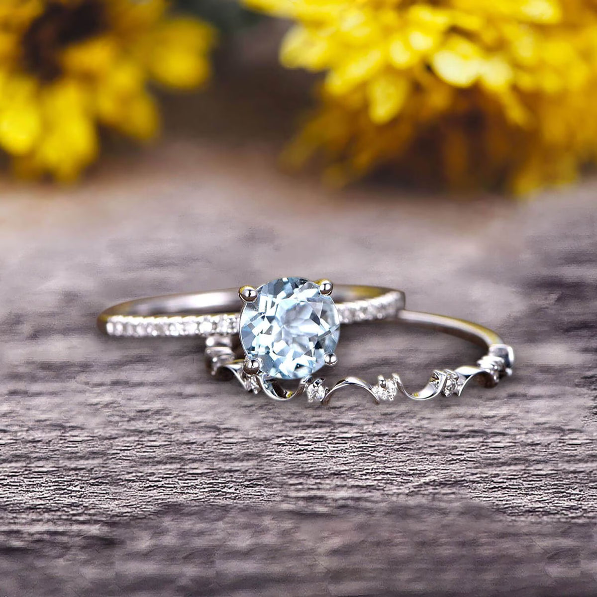 2 Carat 6mm Round Cut Blue Aquamarine Engagement Ring on 10k White Gold E112