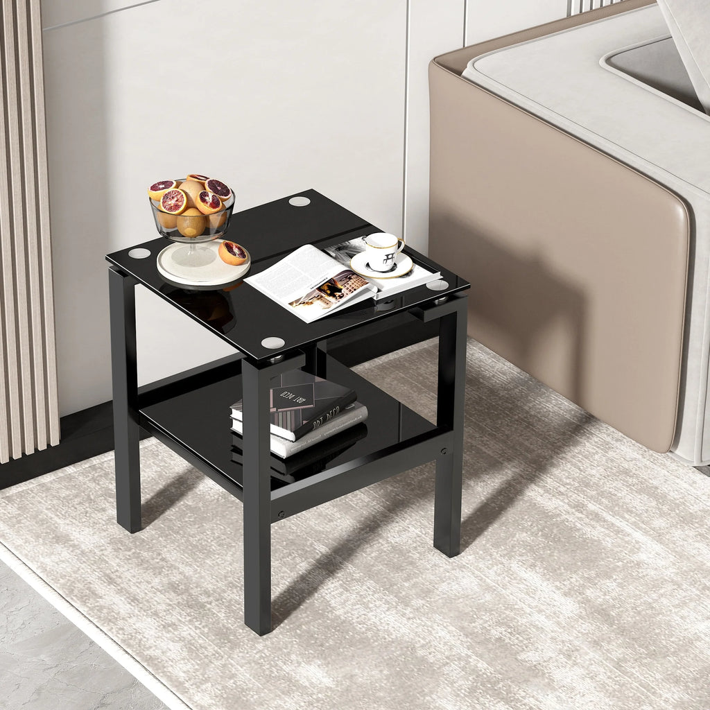 Black Tempered Glass 2-Layer Side Table with Storage Shelf S3855