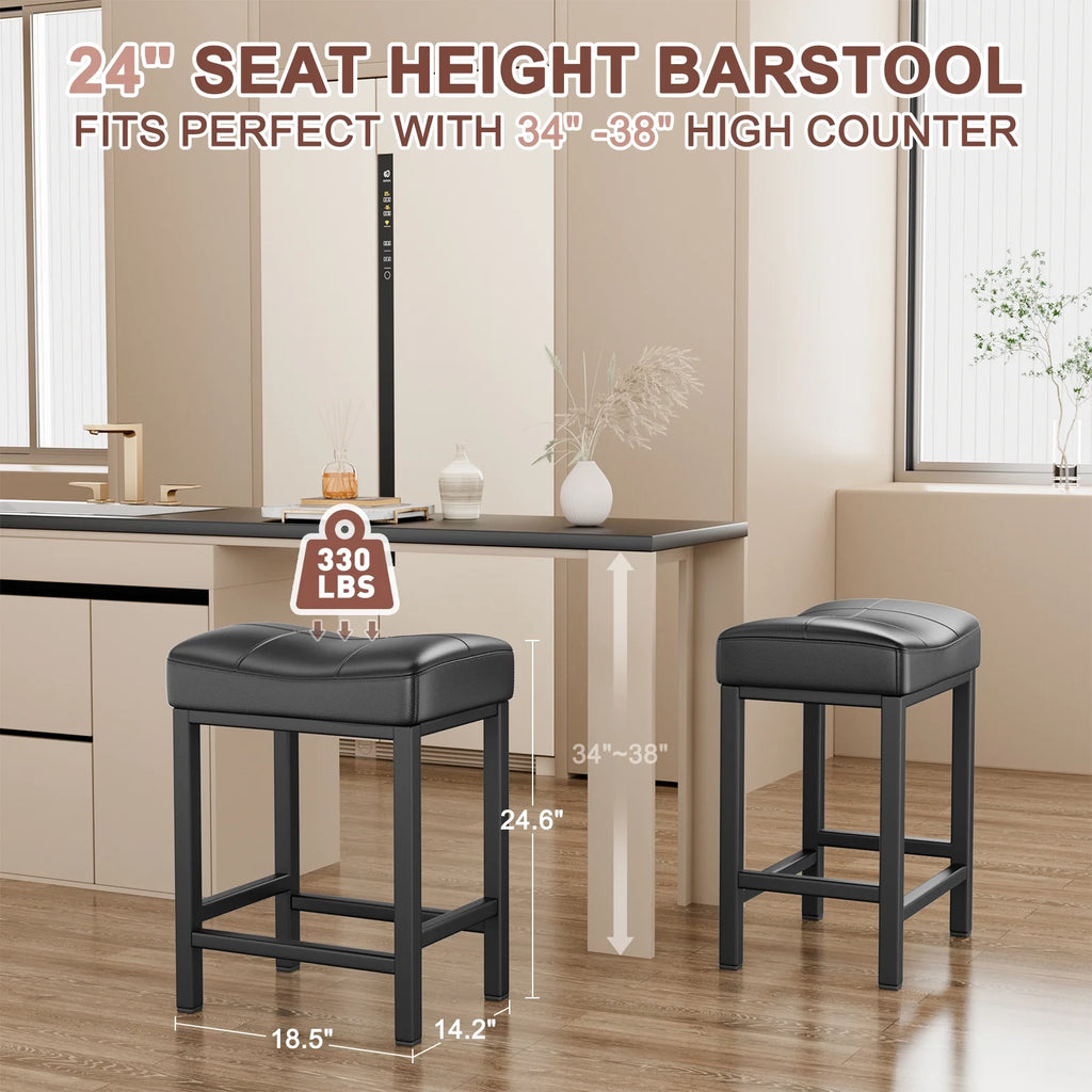 Black PU Leather Counter Bar Stools Set of 2 with Metal Base K493012