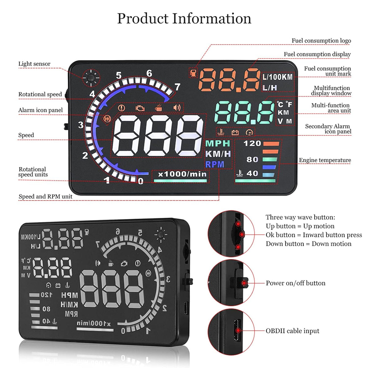 5.5 inches Multi Color Car HUD Windshield Screen Display T967
