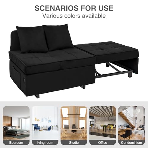 Dark Grey Velvet 4-in-1 Convertible Sofa Bed with 2 Throw Pillow F16569