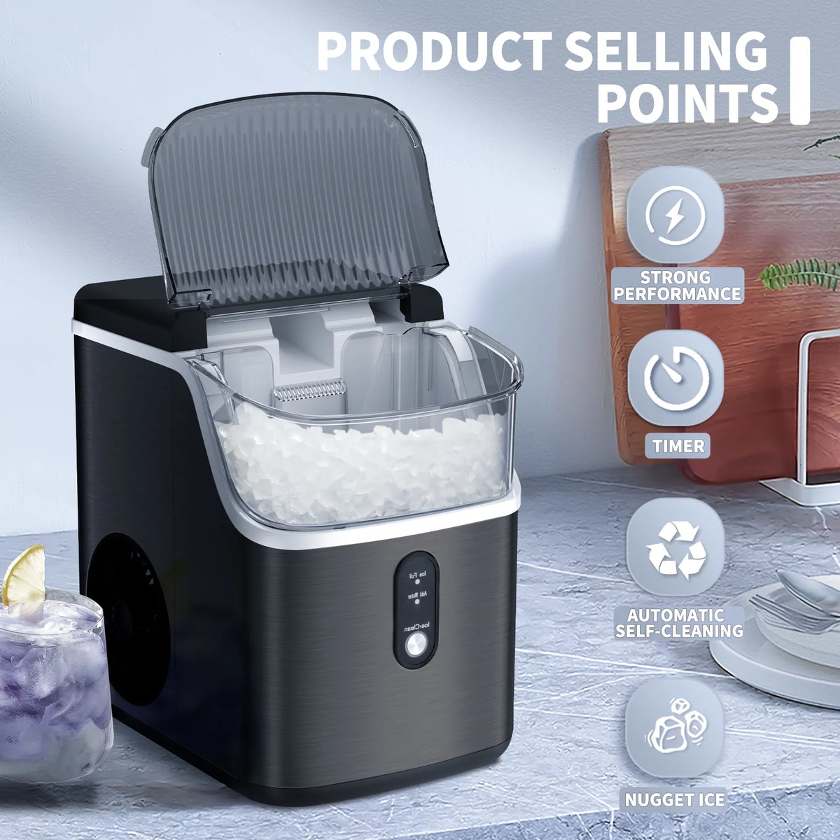 Nugget Ice Maker Countertop 33lbs/24H Self-Cleaning Stainless Steel Silver H380678