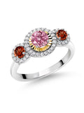 Pink Lab Grown Diamond Red Garnet 925 Silver 10K Yellow Gold 3 Stone Engagement Ring B405565