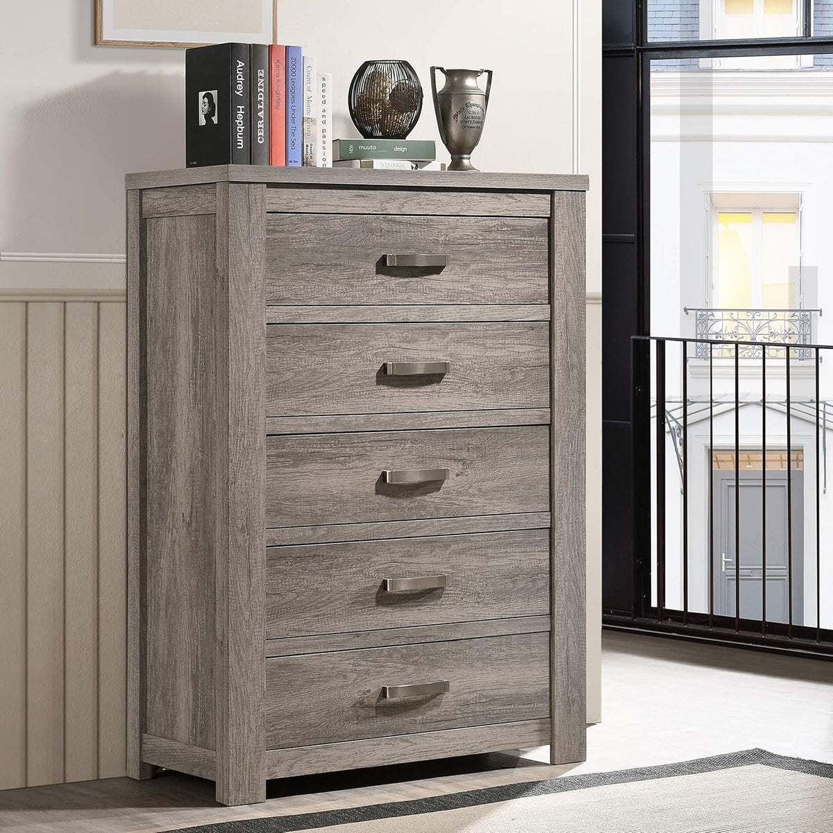 Weathered Gray Wood Queen Panel Bed, Dresser, Mirror, Nightstand, Chest L56132