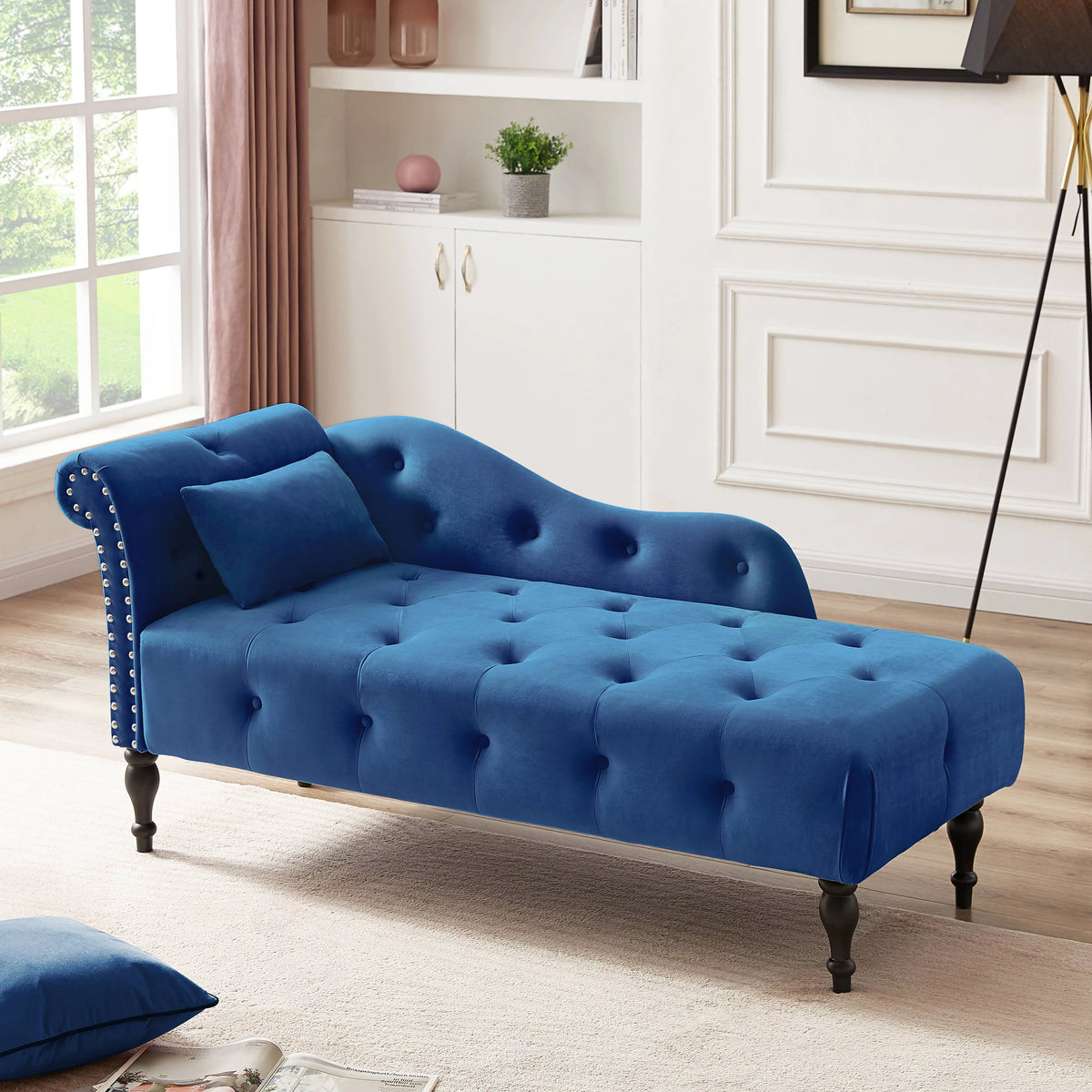 Blue Button Tufted Lounge Chaise with Accent Pillow P608301