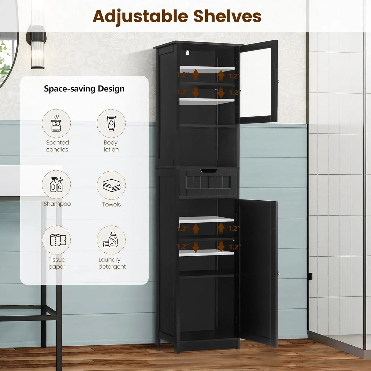 67.2" H Black Bathroom Storage Cabinet with 2 Doors & 1 Drawer Z8624