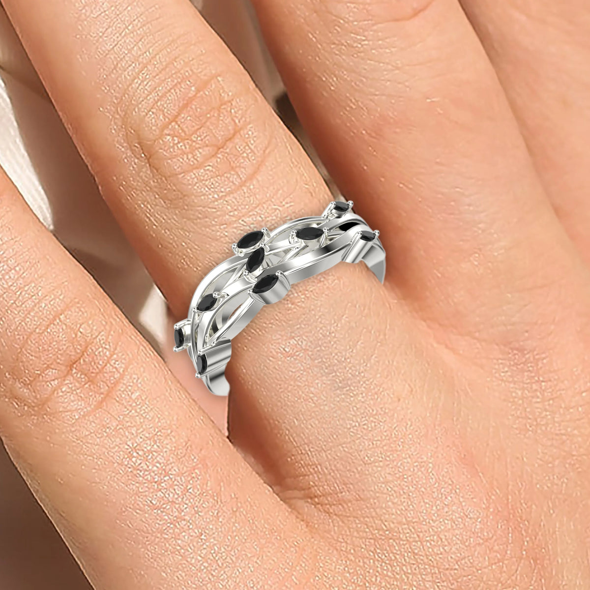 Marquise Black Diamond Moissanite Wedding Ring 18K White Gold Over Silver Z4415