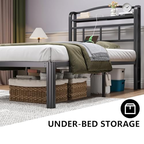 Black 14 Inch Full Size Metal Platform Bed Frame with Storage Headboard and Charging Station D609642
