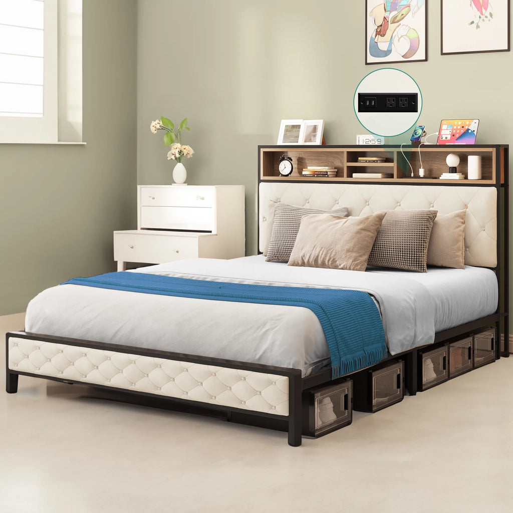 Queen Size Beige Metal Bed Frame with Storage Headboard I8338