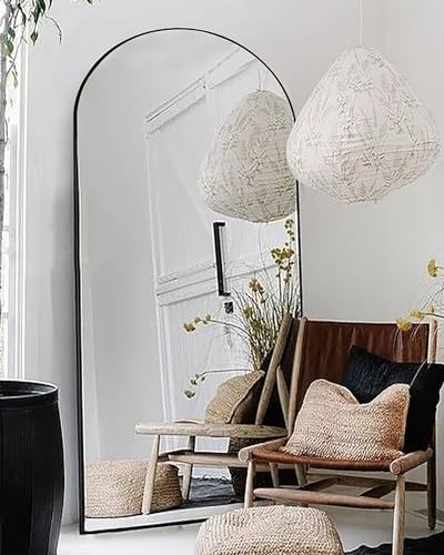 Arched Floor Mirror, 58" Full Length Mirror with Stand, Aluminum Frame - Black K18589