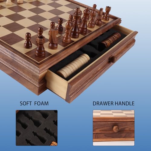 16" Wooden Folding Chess Checker Backgammon Board Game Set F314431