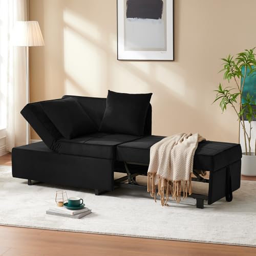 Dark Grey Velvet 4-in-1 Convertible Sofa Bed with 2 Throw Pillow F16569