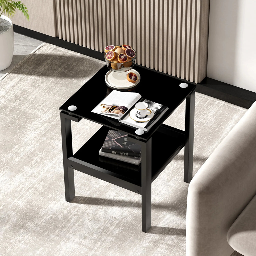 Black Tempered Glass 2-Layer Side Table with Storage Shelf S3855