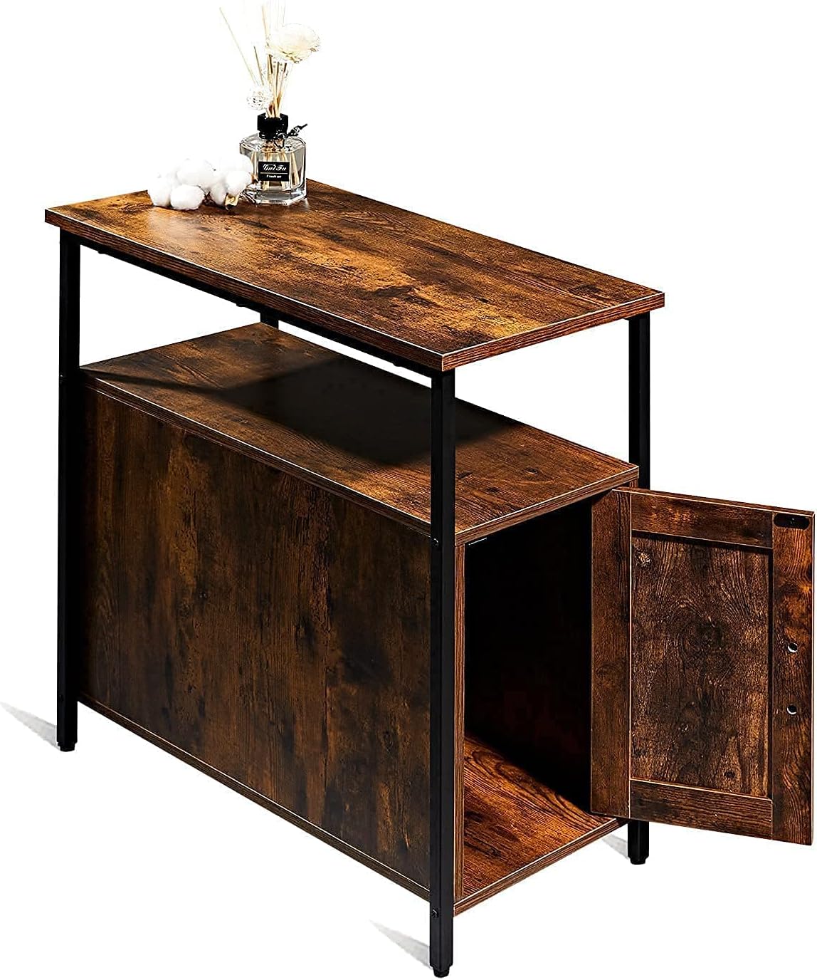 Rustic Brown Wooden End Table with Shelf and Storage Cabinet D656548