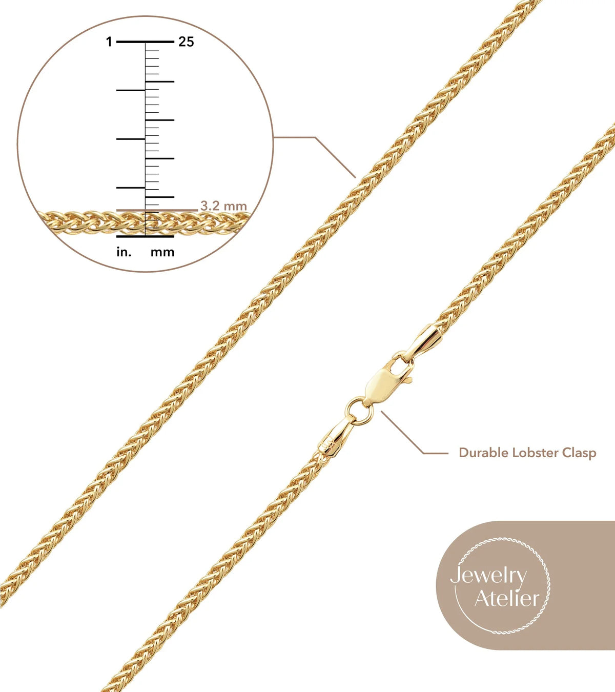 14K Solid Yellow Gold Filled Round Wheat Chain Necklace J77064