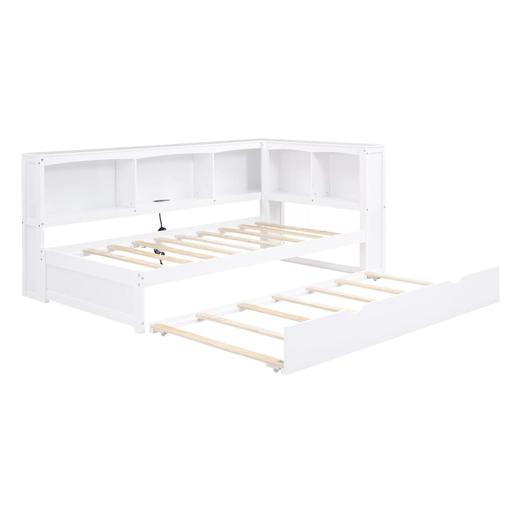 Twin over Twin Size Wood Daybed with Trundle and Storage Cabinets (White) E24116