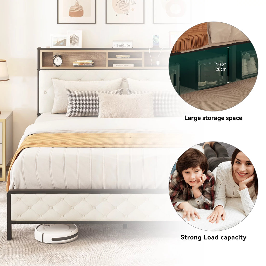 Queen Size Beige Metal Bed Frame with Storage Headboard I8338