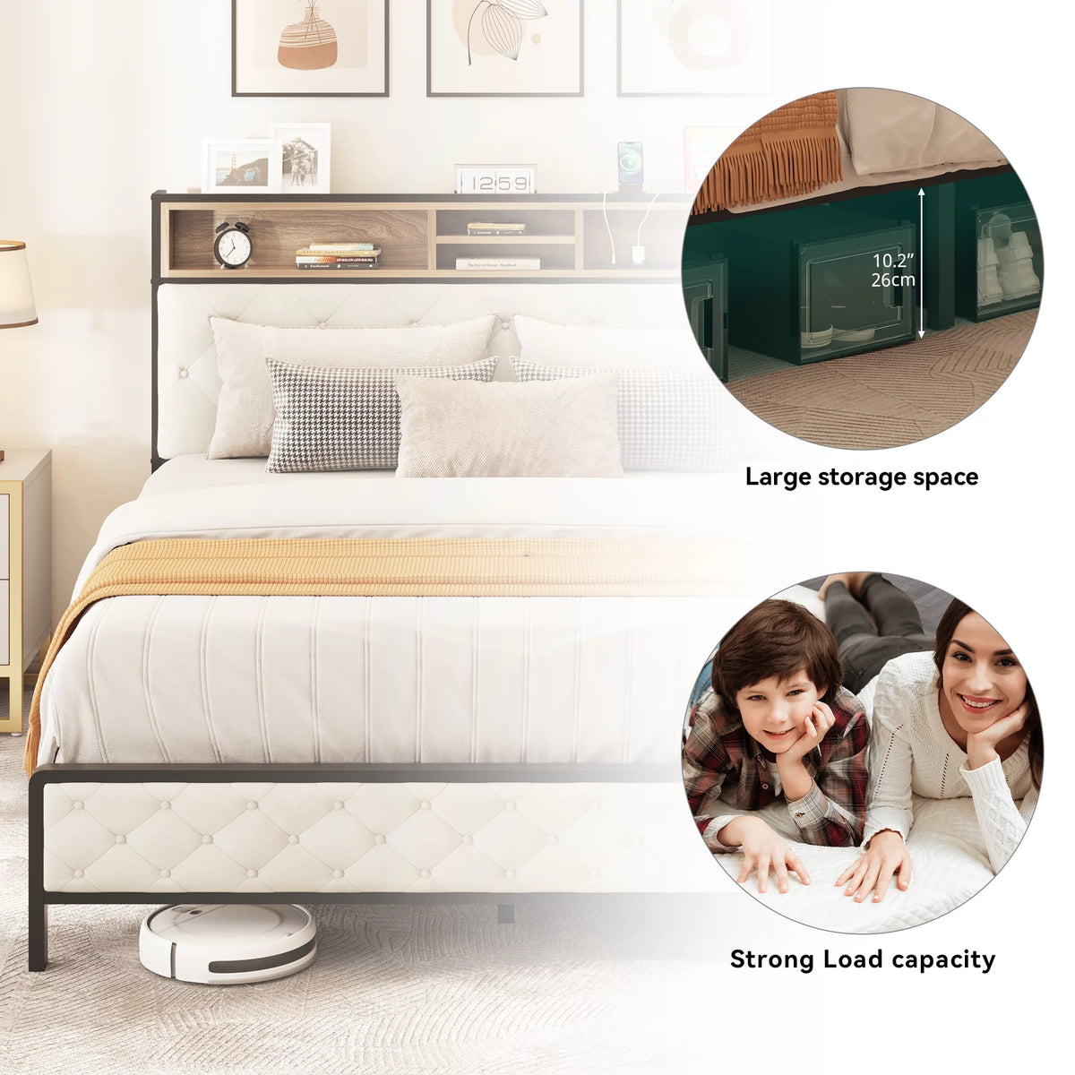 Queen Size Beige Metal Bed Frame with Storage Headboard I8338
