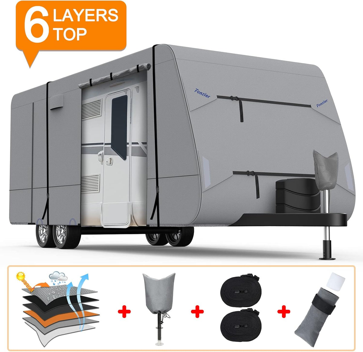 Heavy Duty 6 Layers Travel Trailer RV Cover Anti-UV Camper Cover for 24'1" - 26' Motorhome Breathable Rip-Stop with 2Pcs Extra Straps & Gutter Spout Covers U12426