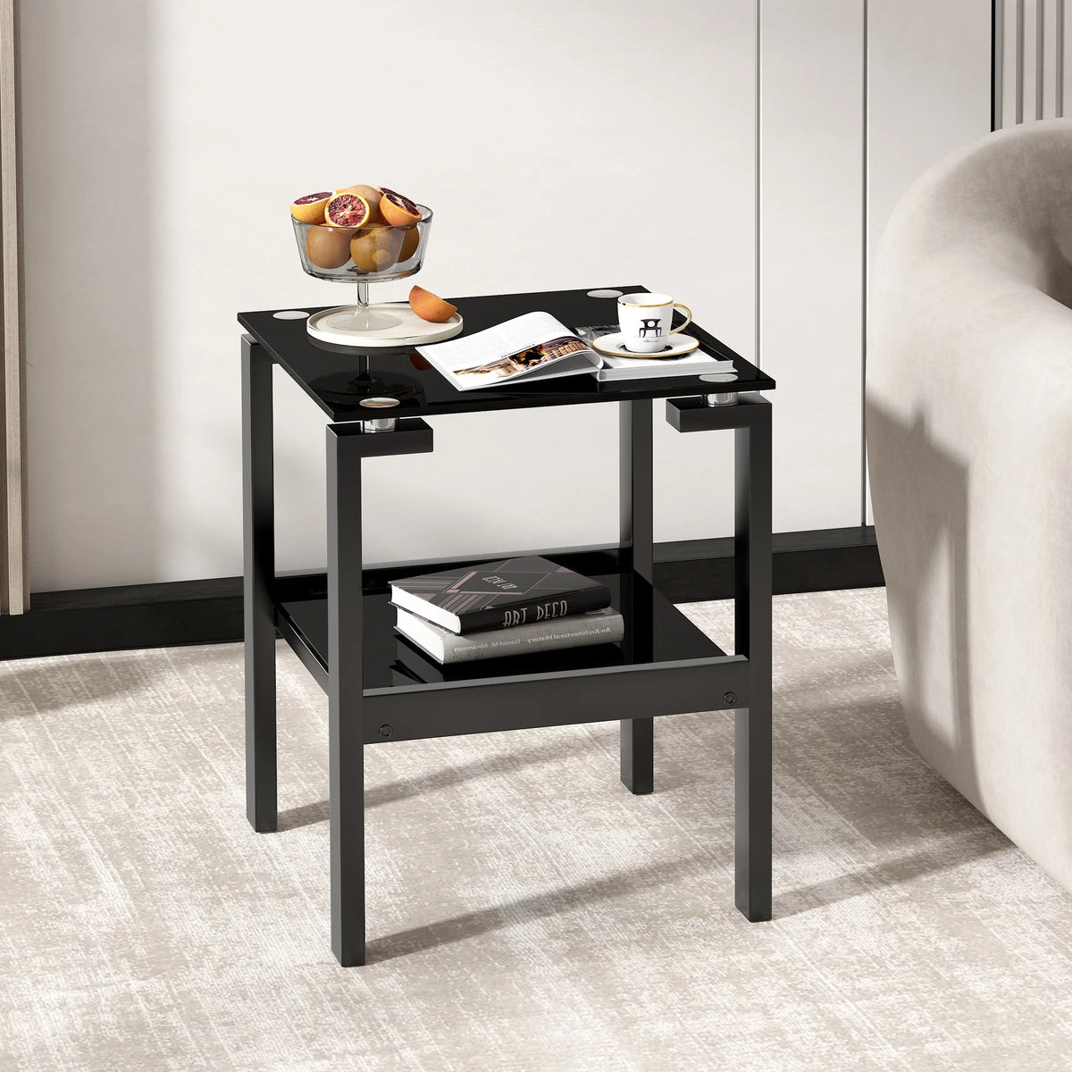Black Tempered Glass 2-Layer Side Table with Storage Shelf S3855