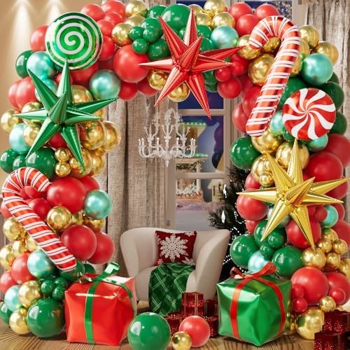 Christmas Balloon Arch Kit, 179PCS Red Green Gold Balloon Garland J7460