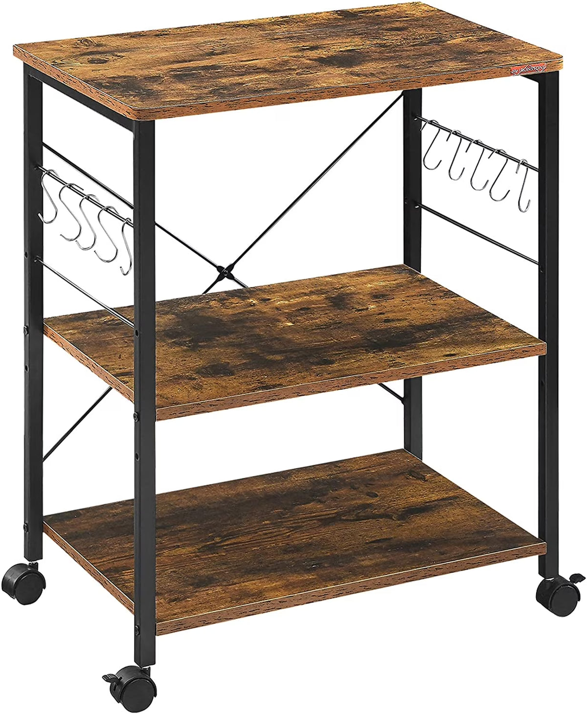 3-Tier Kitchen Utility Storage Shelf with Rolling Wheels, 10 Hooks, Brown F251