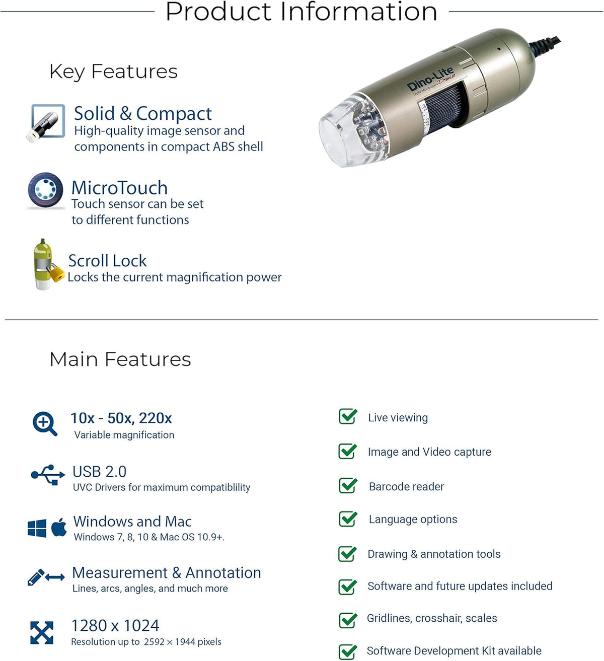 USB Digital Microscope, 1.3MP, 10x - 50x, 220x Optical Magnification M553160
