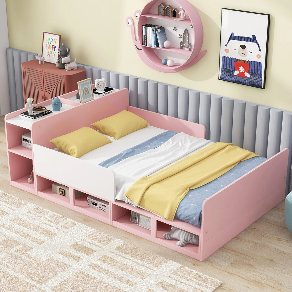 Wood Platform Bed with Storage Headboard and Cabinets P3477