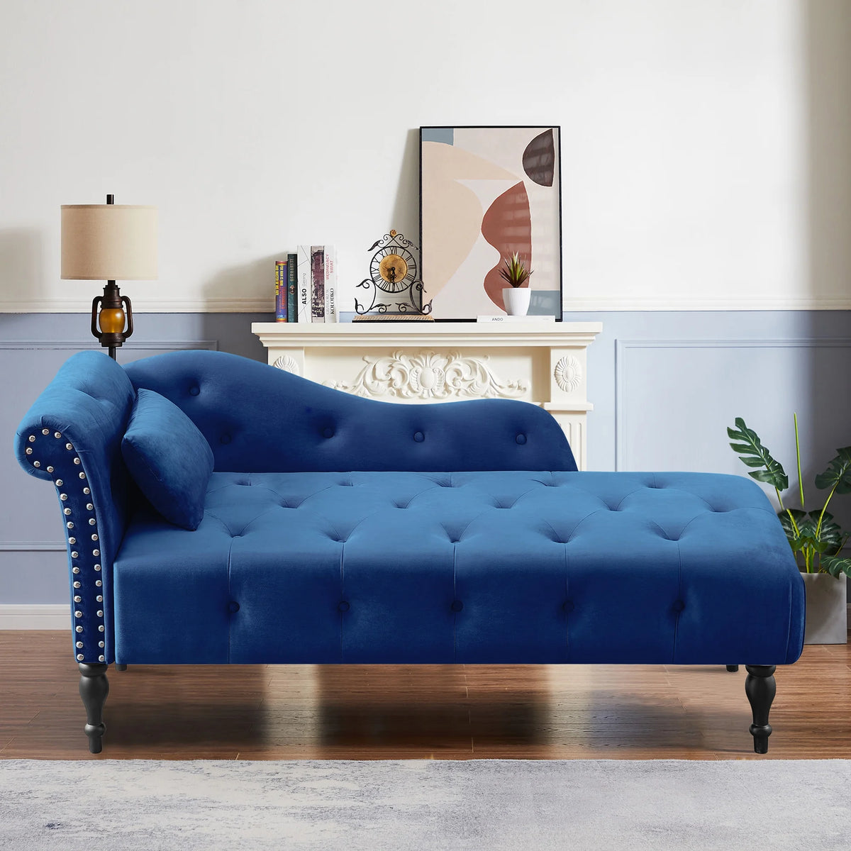 Blue Button Tufted Lounge Chaise with Accent Pillow P608301