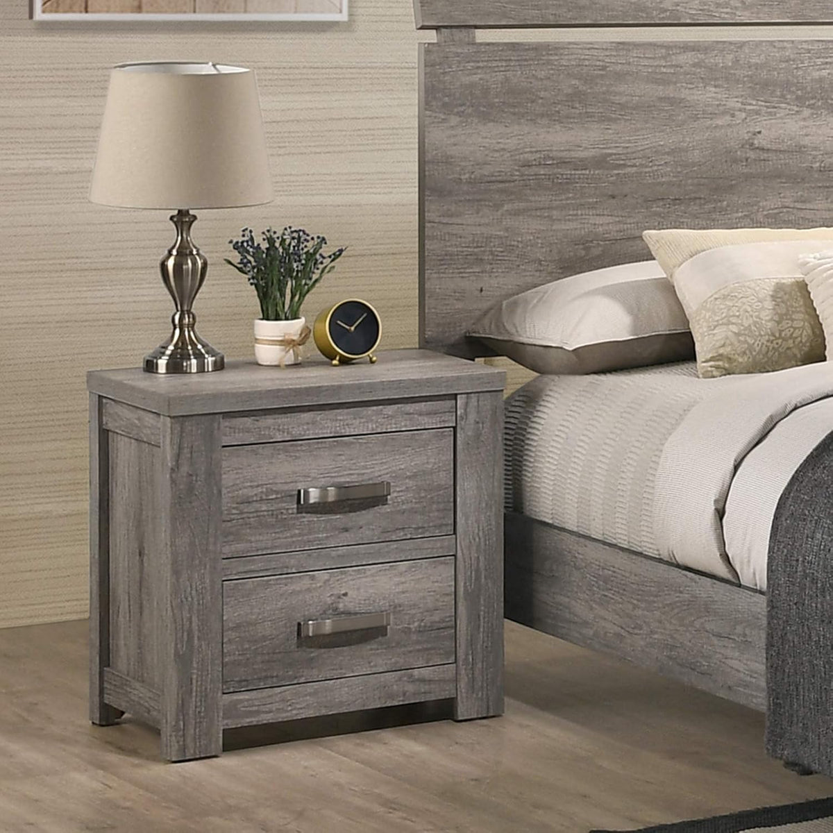 Weathered Gray Wood Queen Panel Bed, Dresser, Mirror, Nightstand, Chest L56132