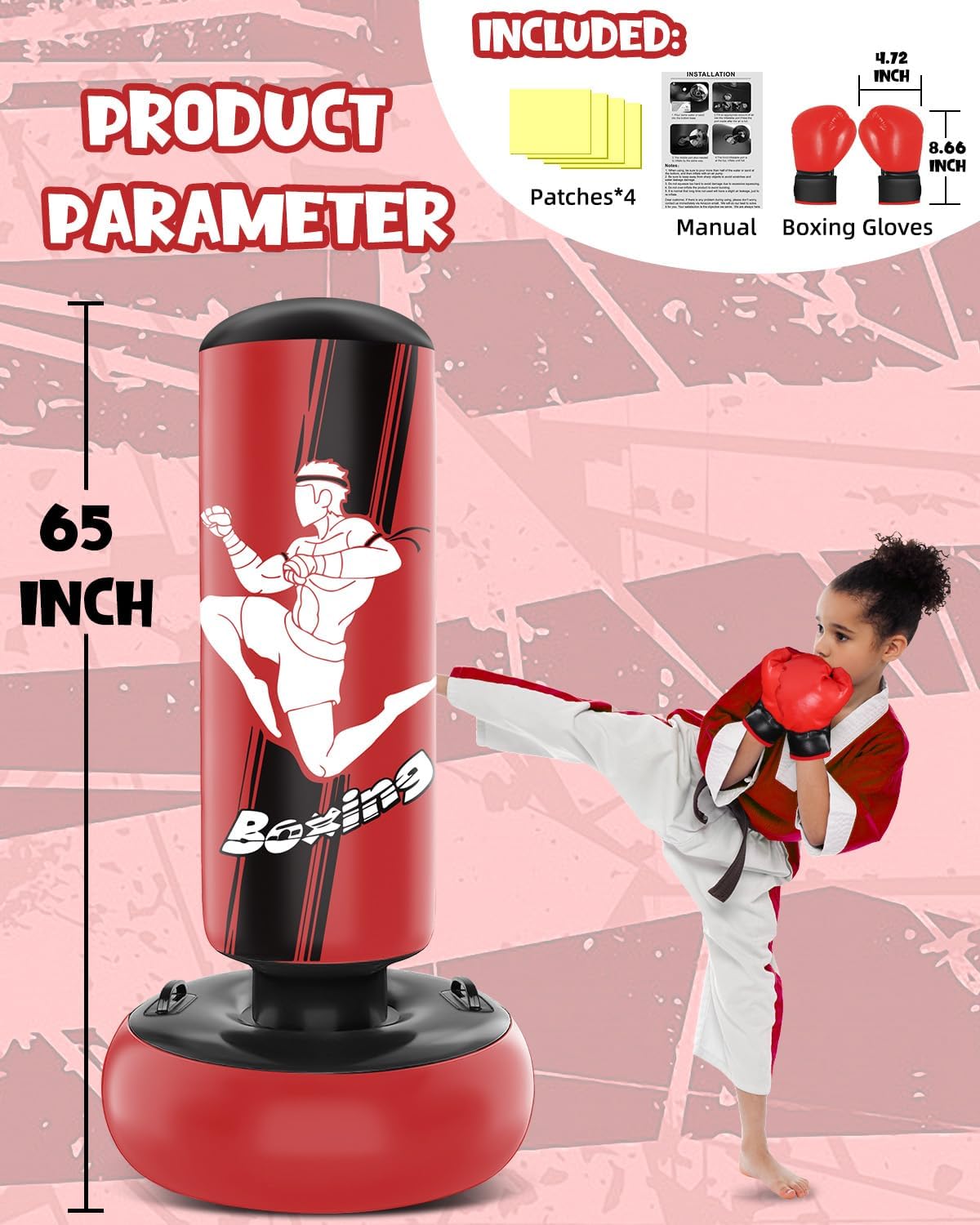 66 Inch Inflatable Punching Bag with Boxing Gloves (Red) H787592