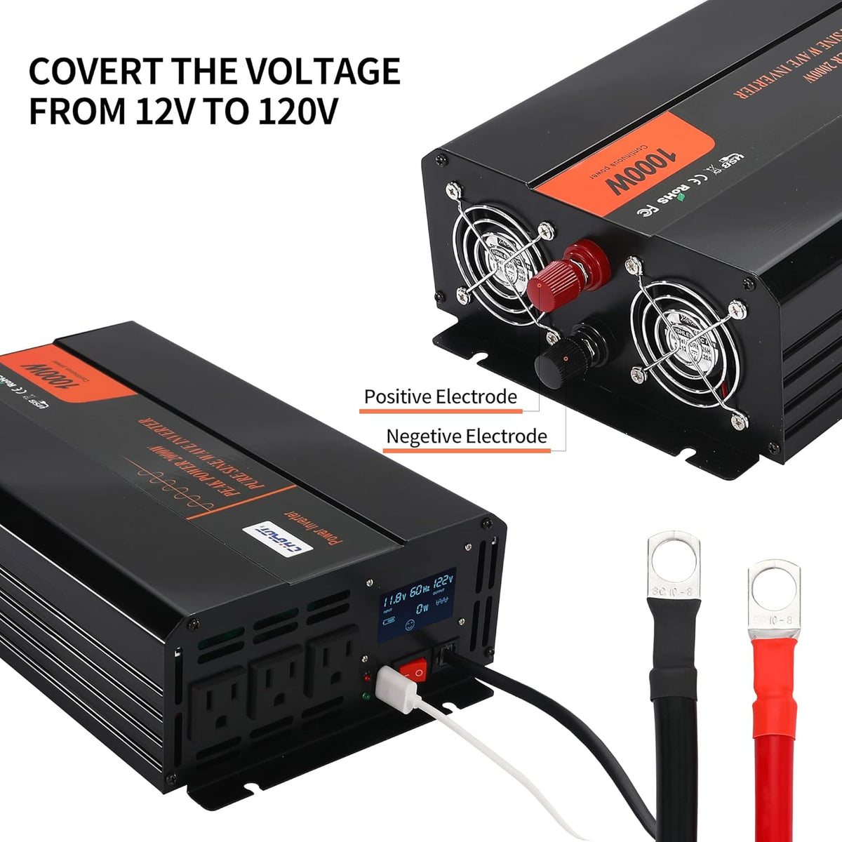 1000W Pure Sine Wave Power Inverter DC 12V to AC 120V with LCD Display Remote Control USB Port D121801