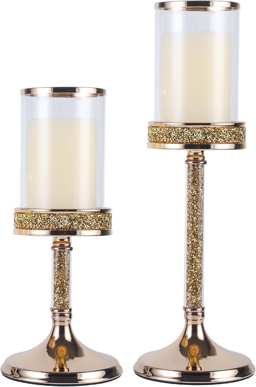 Gold Metal Candle Holders with Glass Hurricane Lid, 2 PCS F96185