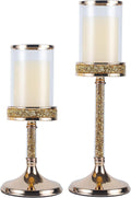 Gold Metal Candle Holders with Glass Hurricane Lid, 2 PCS F96185