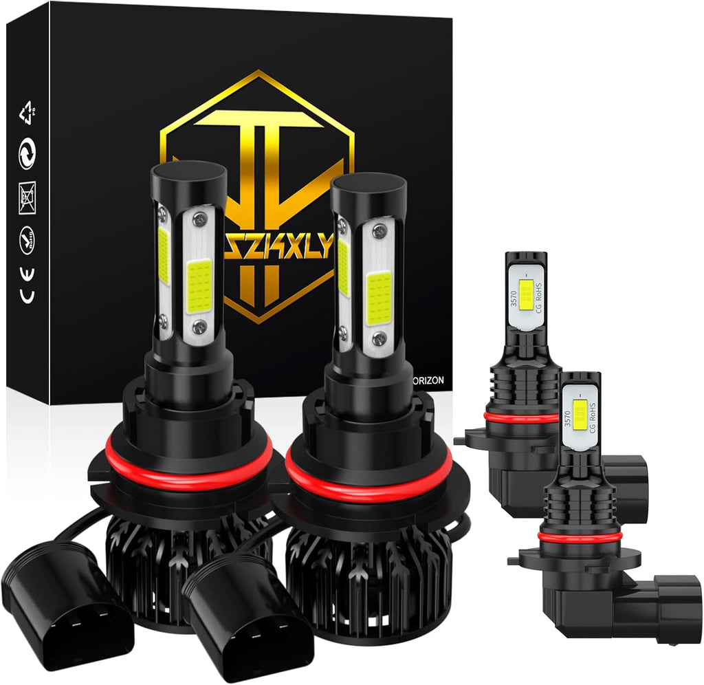 9007/HB5 High Low Beam + 9006/HB4 Fog Light Bulbs, Pack of 4 LED Headlights J269004