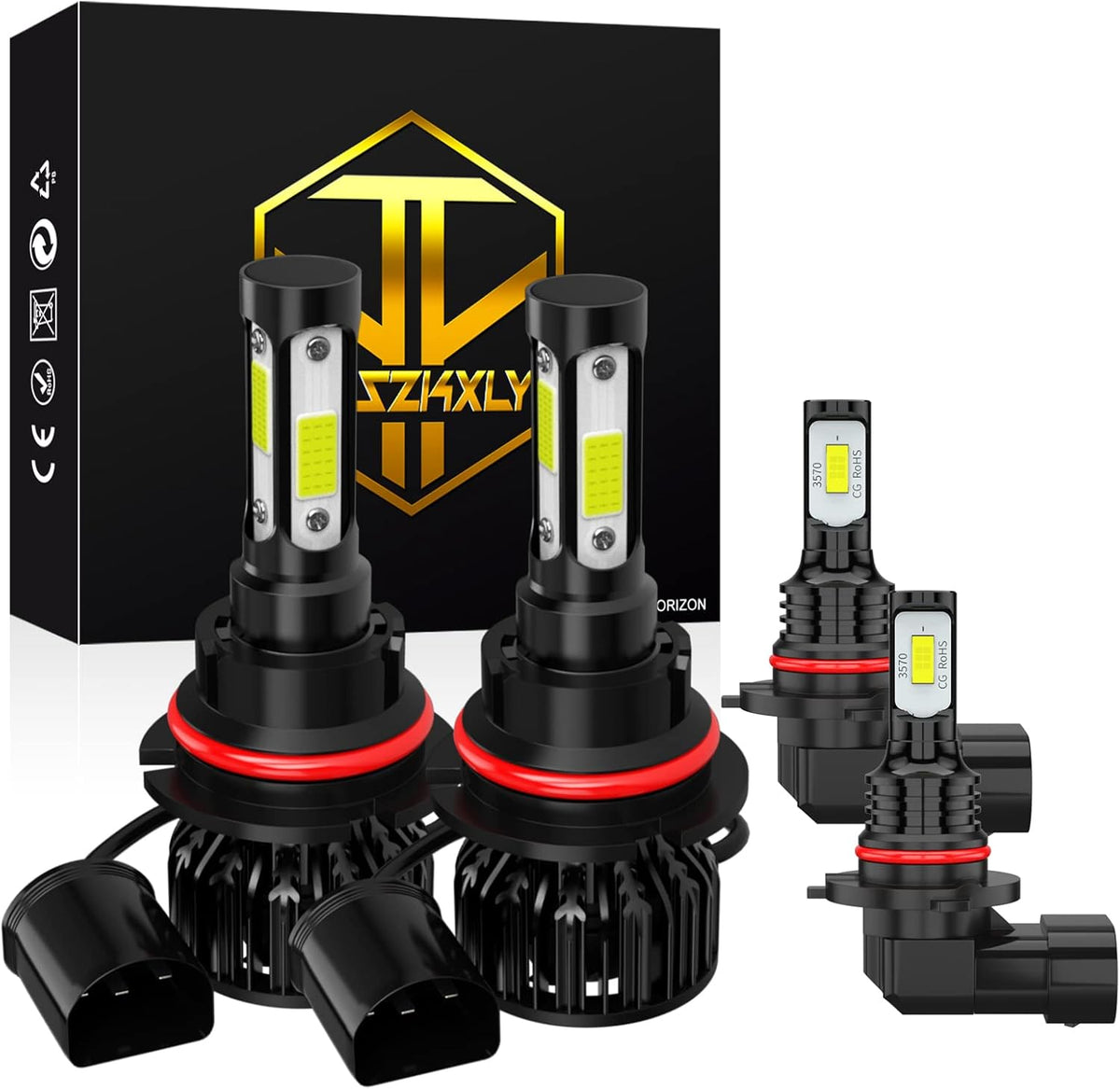 9007/HB5 High Low Beam + 9006/HB4 Fog Light Bulbs, Pack of 4 LED Headlights J269004