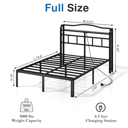 Black 14 Inch Full Size Metal Platform Bed Frame with Storage Headboard and Charging Station D609642